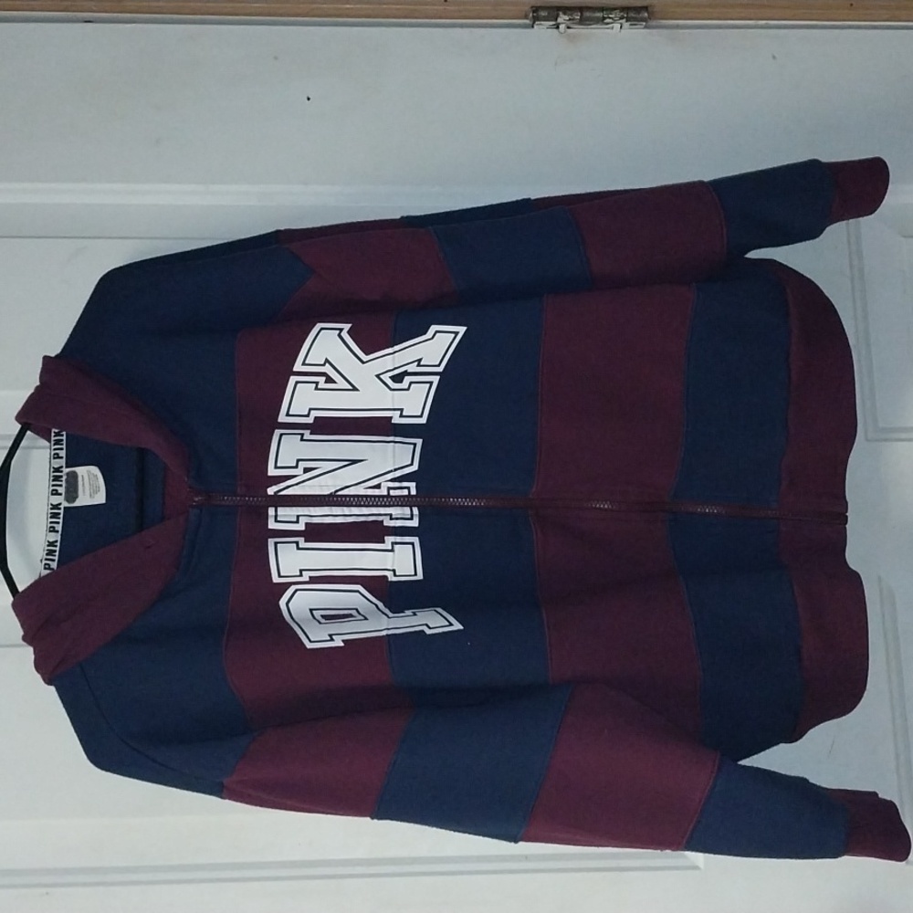 Pink VS Stripped Full Zip Woman's Large Sweatshirt/Jacket with Hood.